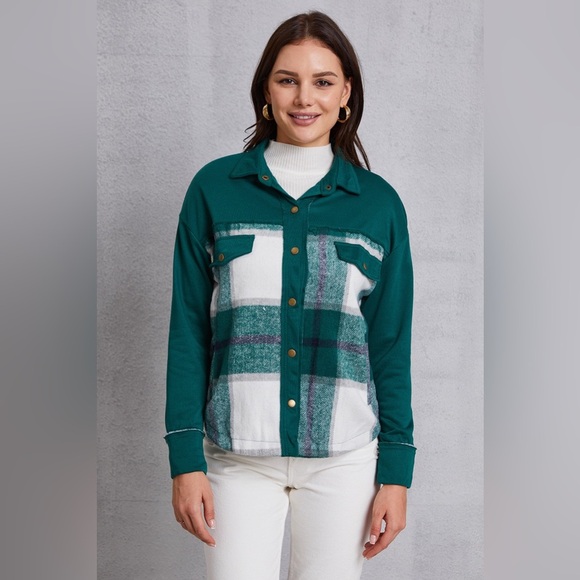 Plaid Snap Down Pocketed Dropped Shoulder Jacket - Picture 1 of 8
